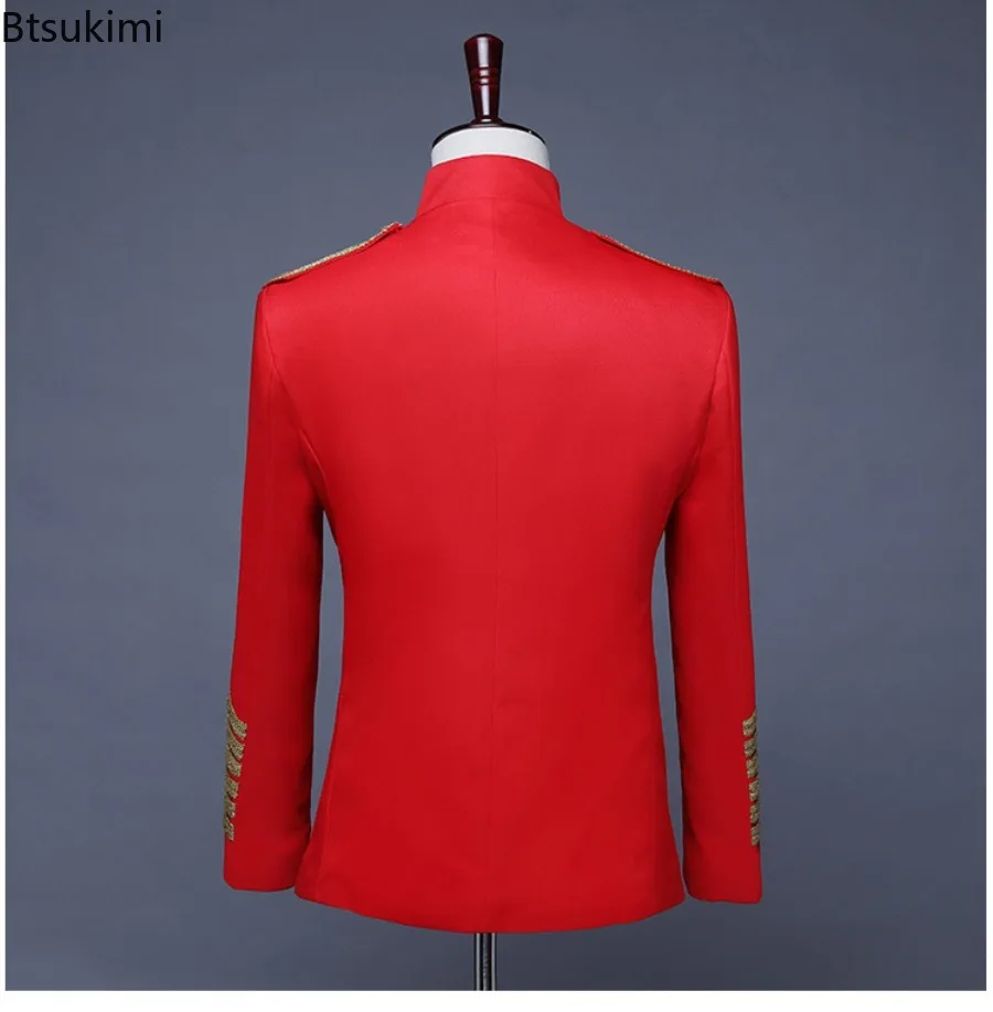 Fashion Men's Dress Suit Bar Nightclub DJ Steampunk Jackets Metal Chain Stand Collar Slim Coats Singer Stage Performance Clothes