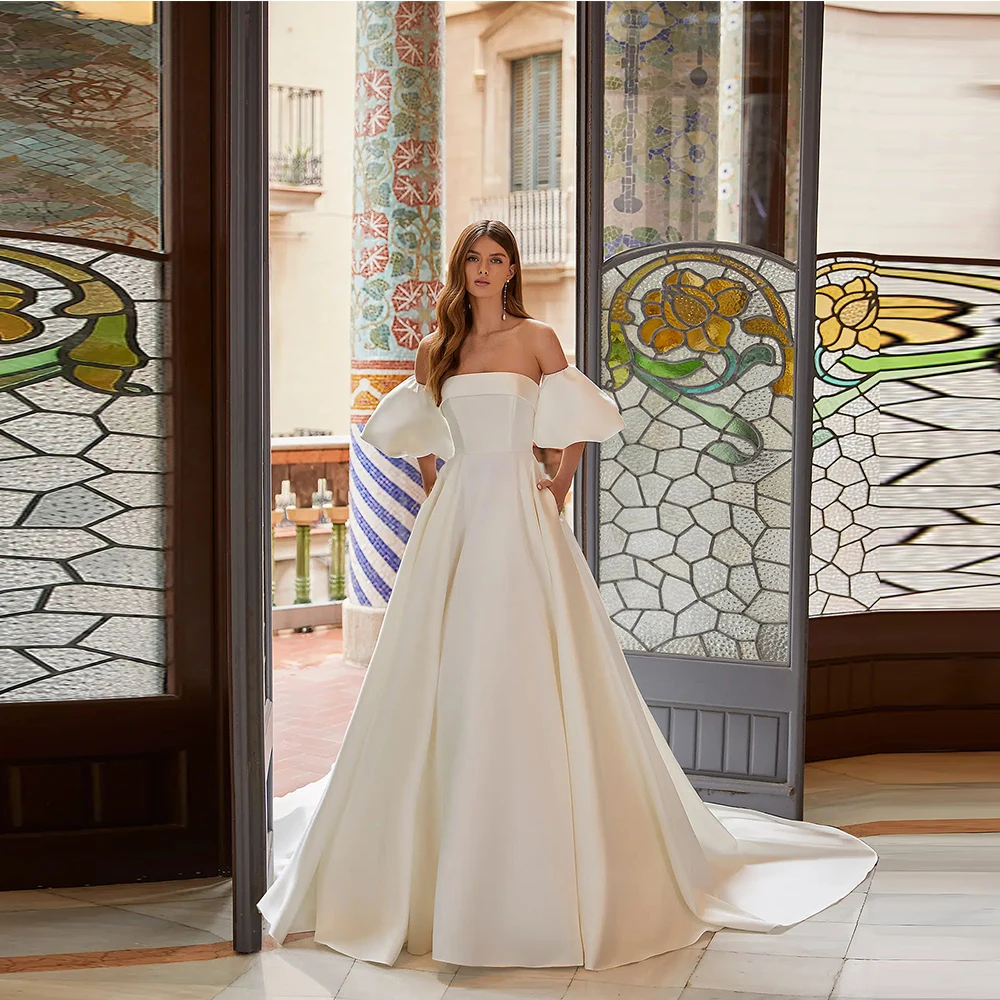 

Customized Lantern Sleeves Wedding Dresses For Women 2025 Bride Gown Soft Satin Vestidos De Novia Simple Gown ALine Button Back