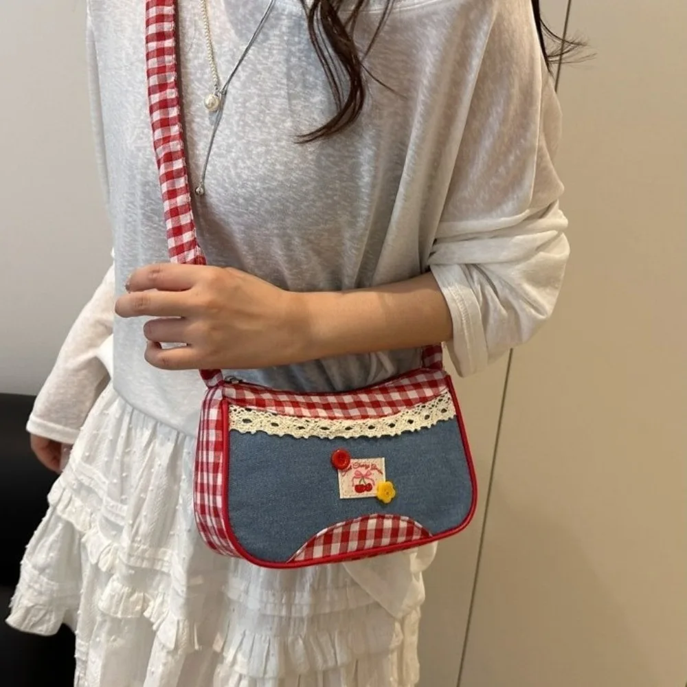 

Retro Rural Style Lattice Shoulder Bag Plaid Bow Denim Underarm Bag Drawstring Leisure Crossbody Bag Students