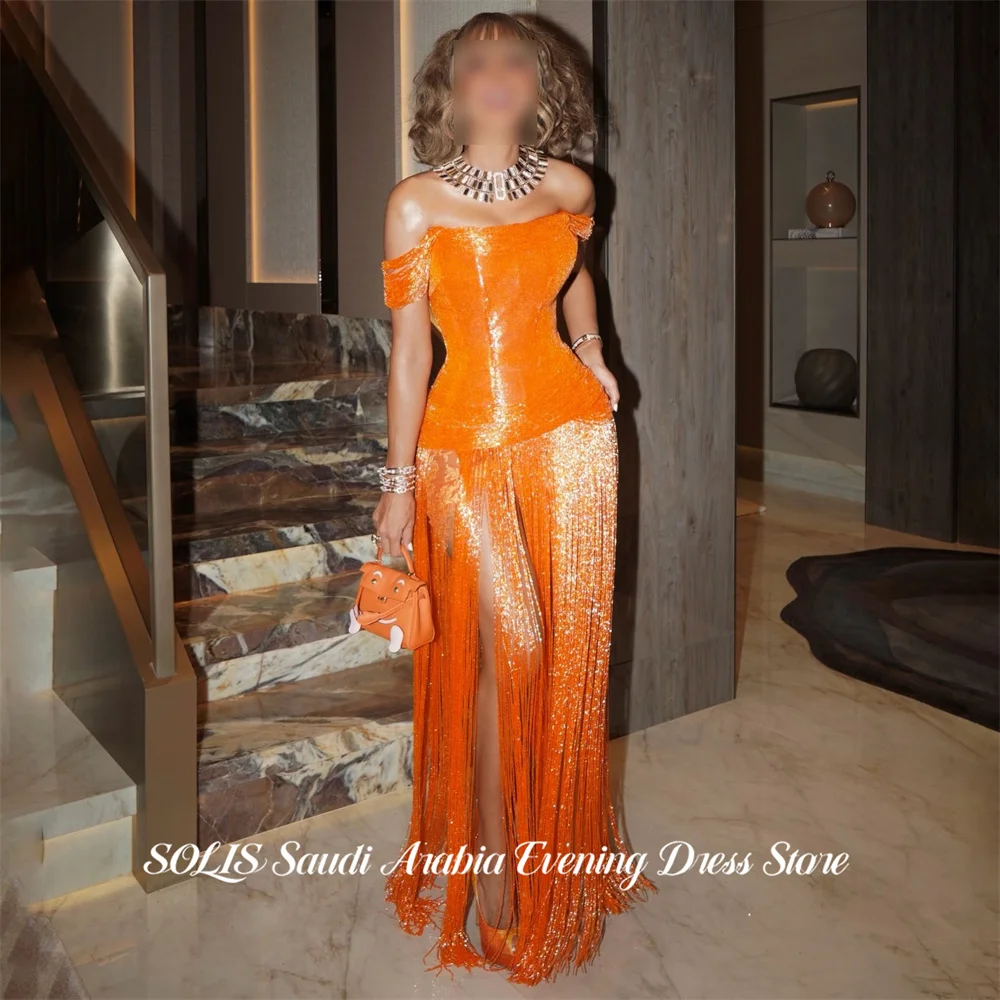 Vestido de Fiesta SOLIS Naranja Luxe con Lentejuelas, Hombros Descubiertos, Peplum, Flecos de Cadena Larga, Vestido de Noche de Lujo Personalizado
