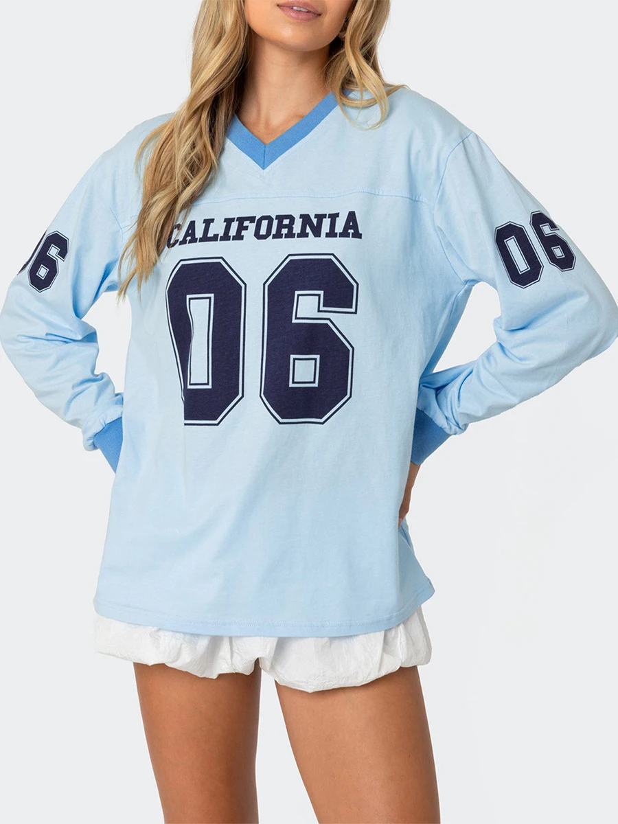 Women s Oversized Sweatshirt Number Letter Print Long Sleeve V-Neck Casual Pullover Tops