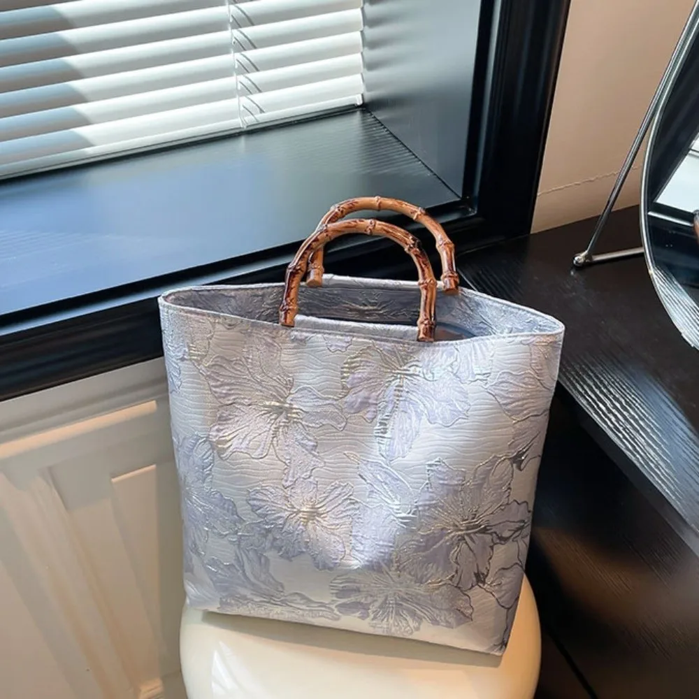 

Canvas Jacquard Tote Bag Cheongsam Accessories Bamboo Joint Handheld Chinese Style Handbag Zipper Closure Large Capacity Lady