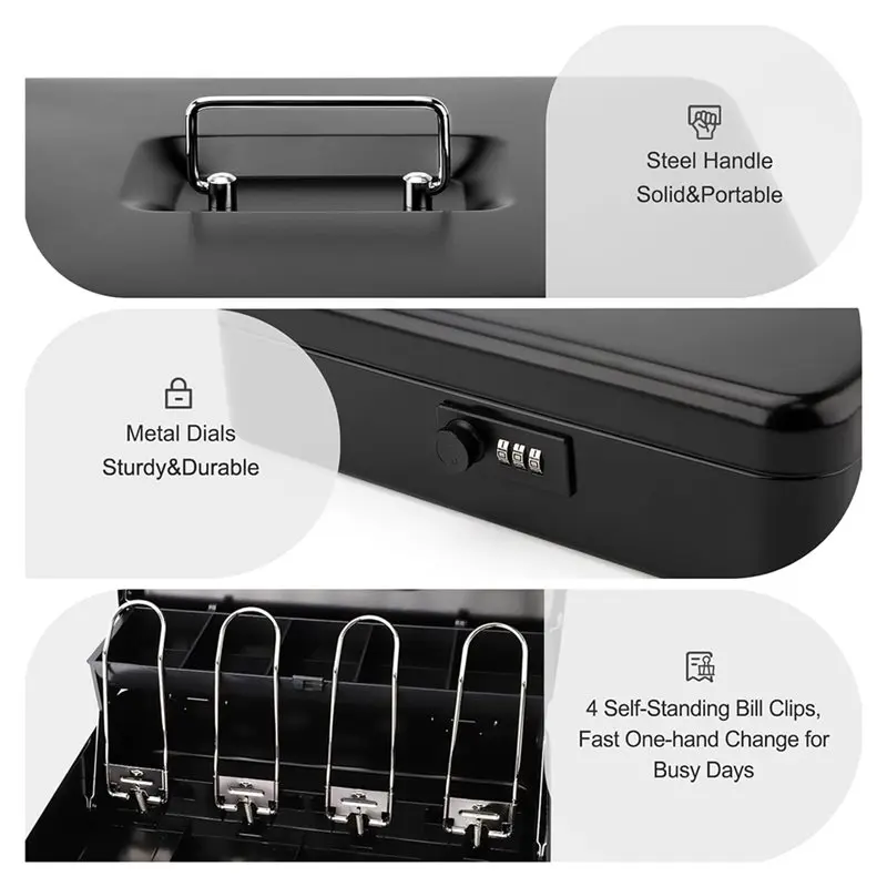 AWAH Portable Cash Drawer With Lock, Metal Cash Box And Money Tray, Security Small Household Lockbox No Pinch Bill Clip, Code