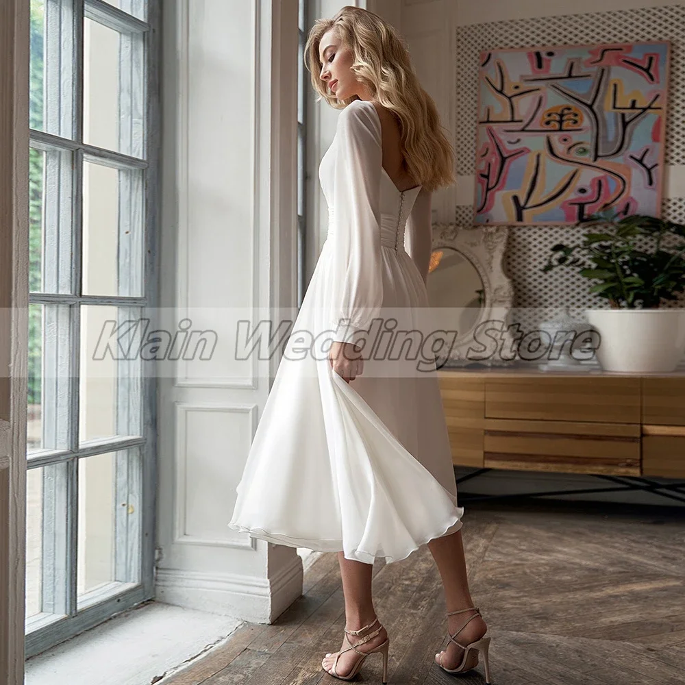 Customized White Tea Short Length Simple Long Sleeved Pleated Side Seam Chiffon Bridal Gown Elegant Choice, Showcasing Noble Uni