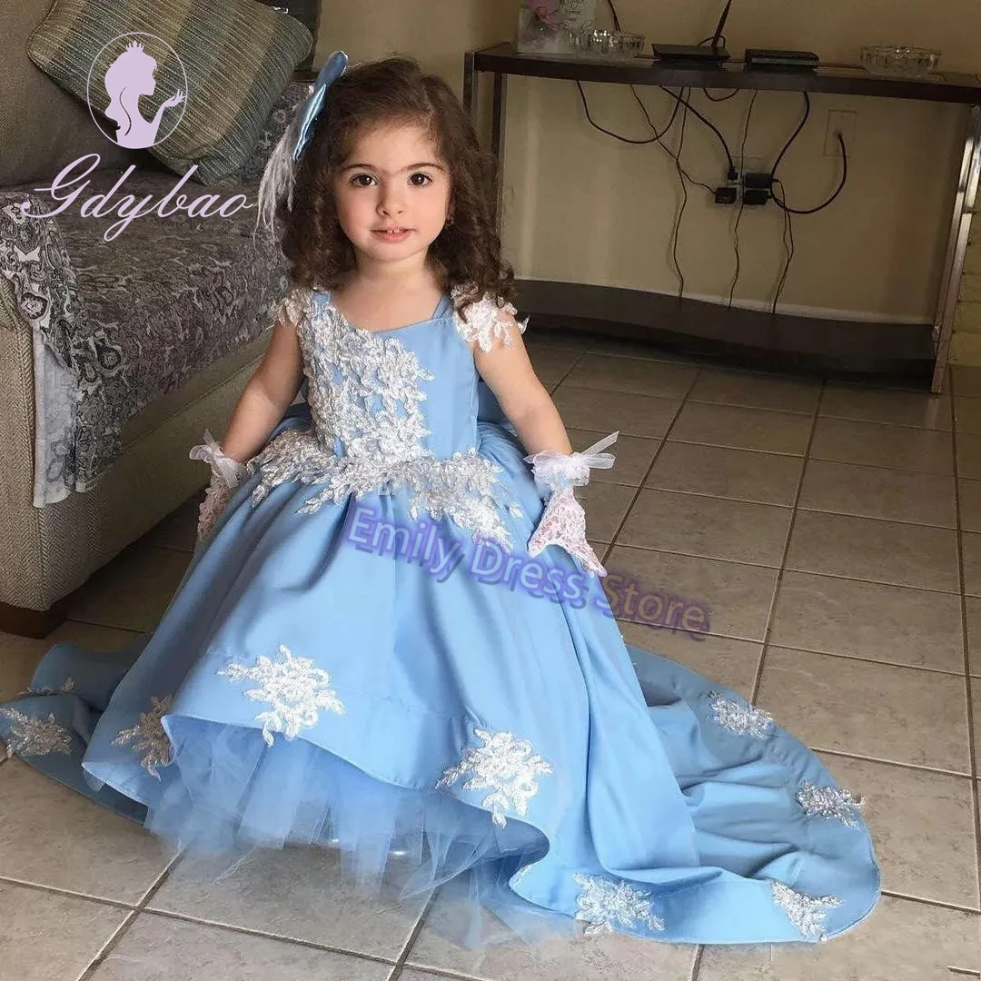 Royal Blue Flower Girl Dress para o casamento Lace Applqique Puffy mangas Princesa Pageant Kid Baby Aniversário Primeira Comunhão Vestido