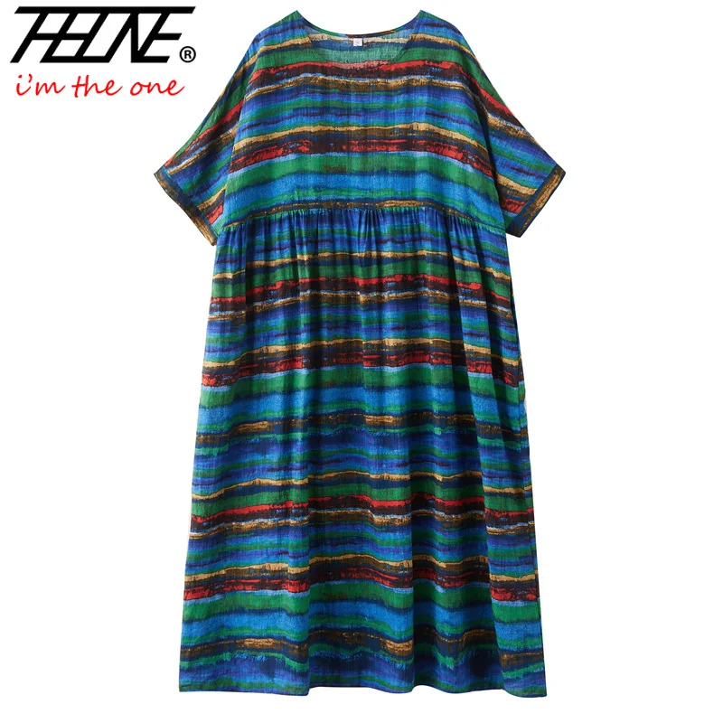 THHONE Robe Summer Dresses for Women Vestidos Loose Vintage Bohemian Striped O Neck Short Sleeve Cotton Linen Casual Clothes 5
