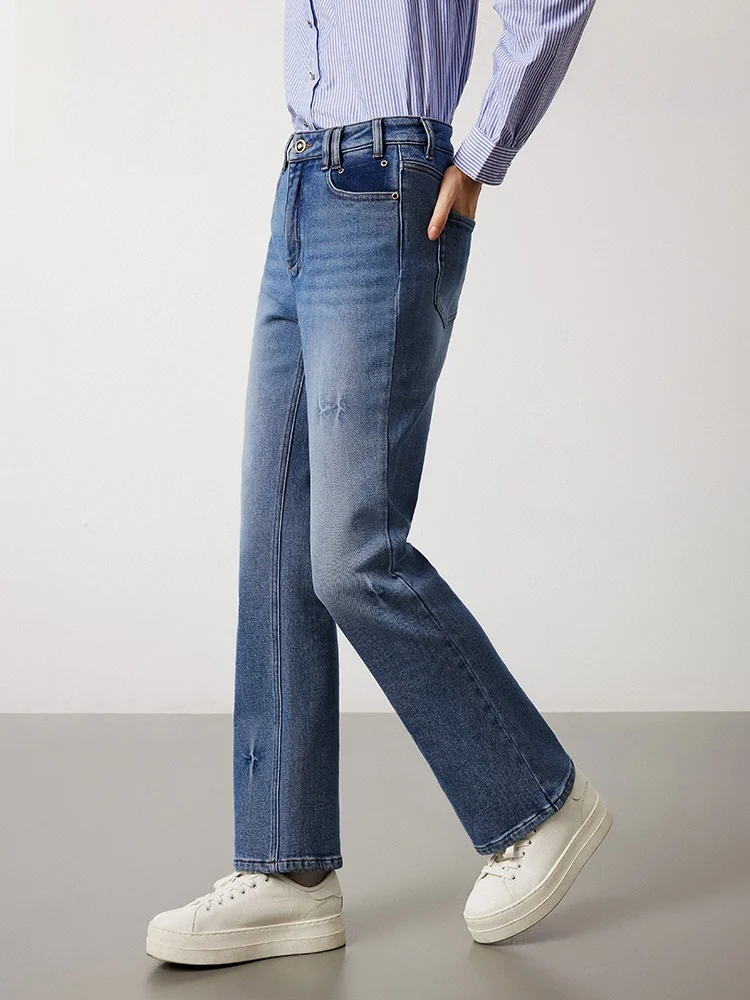 

Женские джинсы Navigare Thiened Faded Casual: удлиненные брюки с микро-клешем, прямой крой, зимние, из хлопкового денима