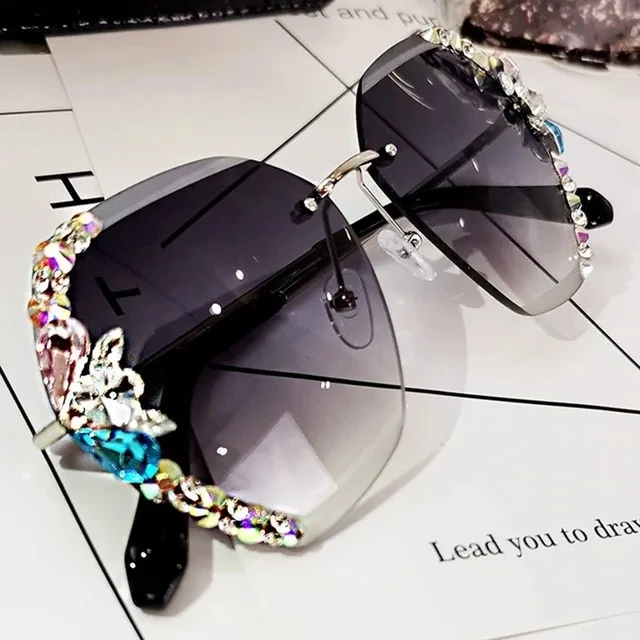 2023 Luxury Brand Design Vintage Rimless Rhinestone Sunglasses Women Men Fashion Gradient Lens Sun Glasses Shades for Female