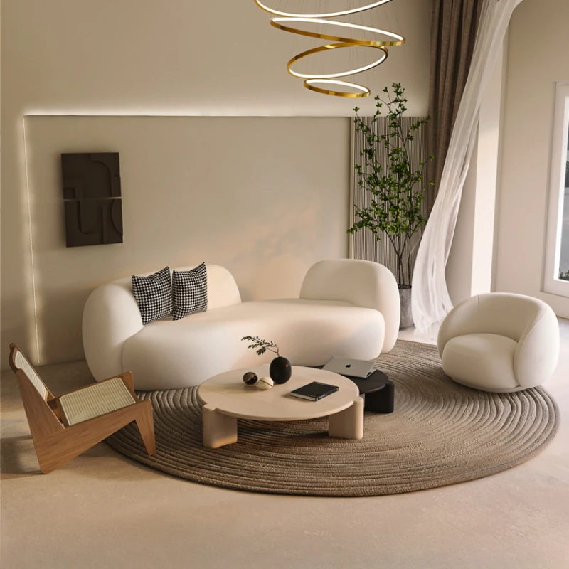 

Fabric sofa, modern and minimalist living room, small unit, light luxury beauty salon, irregular lamb plush