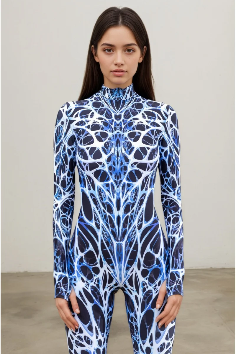 Damen Fleischfarbener Tribal-Bodysuit Geometrischer Festival-Rave-Bühnenshow-Aerial-Yoga-Anzug Hochhals Vollständiger Halloween-Cosplay-Catsuit – Detail 17