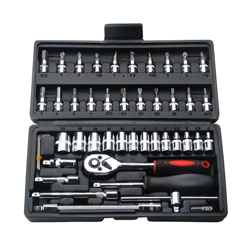 46Pcs Combination Tool Kit 1/4 Ratchet Wrench Socket Screwdriver With Plastic Toolbox Spanner Household Car Repair Hand Tool Set