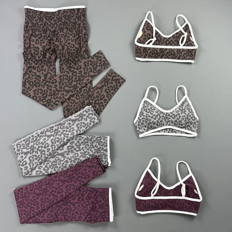 Women Leopard Print Leggings Set High Support Sports Bra High Waist Scrunch Butt Tights Sets Seamless Gym Fitness Workout Suit