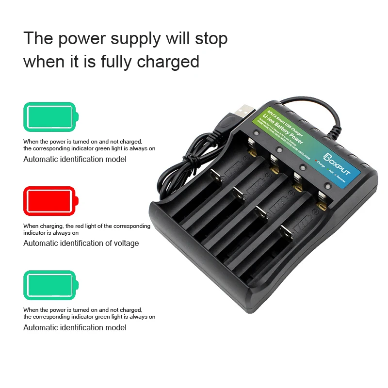 Cargador de batería de iones de litio con 4 ranuras USB, Cargador Universal independiente para batería de litio 18500 18350 16650 16340 14650 14500