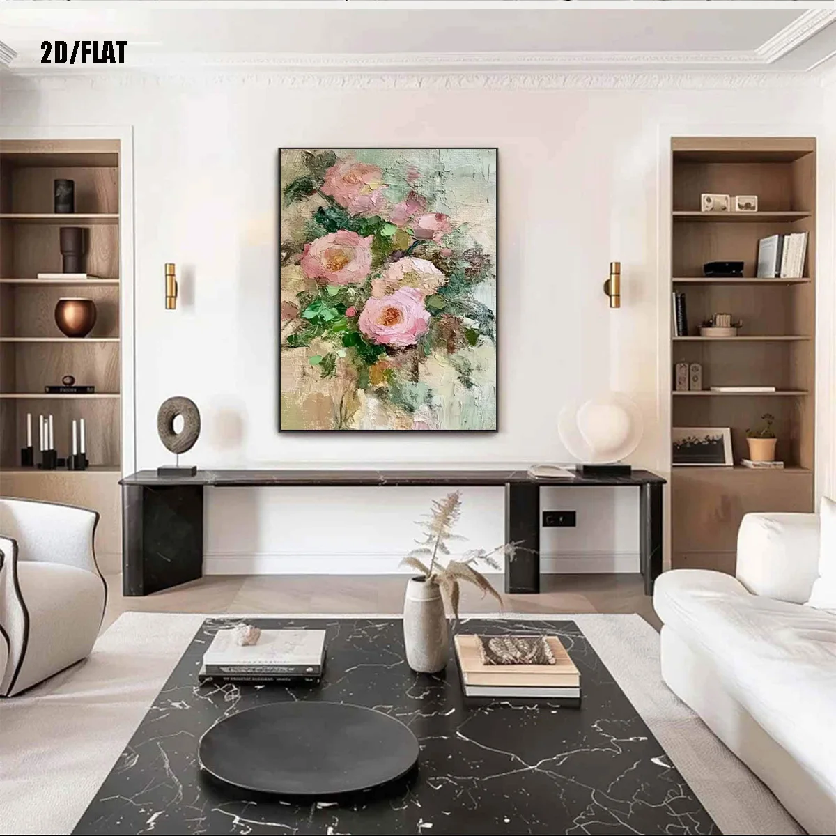 A hand-painted canvas oil painting - a charming bouquet of pink roses blooming in sunlight. Exquisite floral decor, modern wa