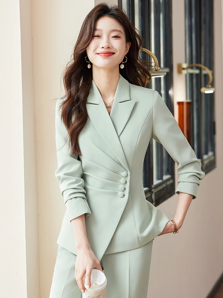 

Женский деловой костюм-двойка для весны и осени, новинка, для работы в ювелирном магазине, с длинными рукавами, из полиэстера, пиджак и брюки.