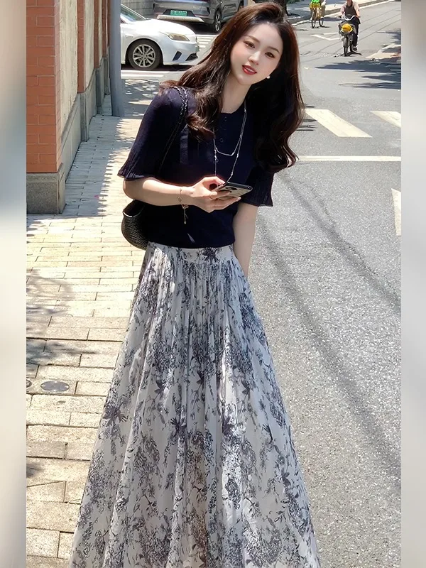 

Ele Floral Print ter Ne Dr Women's Summer New Sle Lightweight Luxury Versatile Skirt A-Line Silhouette