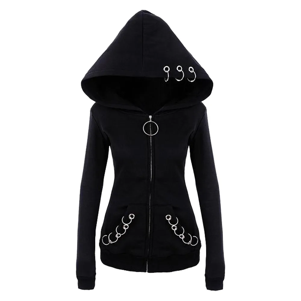 New Arrived Gothic Hooded Coats Black Grommets O-ring Zip Up Pocket Outwears Tops Spring Autumn Wide-waisted Jacket