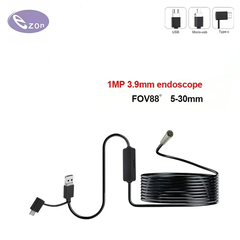1MP USB Ultra Short HD Macro Endoscope 3.9mm FOV88゜ IP67 Waterproof 3 in 1 Cable Industrial Endoscope