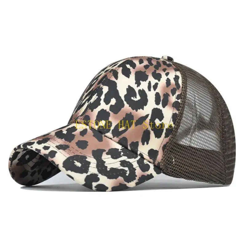 49MF Women Summer Mesh Back Ponytail Messy Baseball Cap Vintage Leopard Stripes Printed Adjustable for Snapback Trucker
