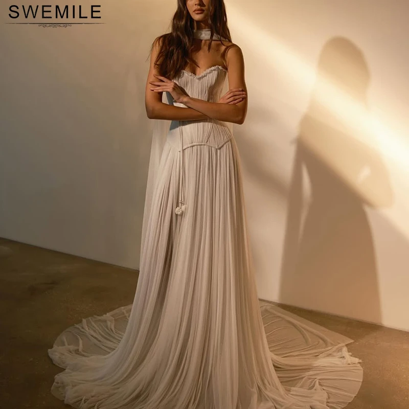 SWEMILE Strapless Tulle Evening Dresses With Scarf 2025 A Line Pleated Formal Party Prom Gowns Corset Lace Up Vestidos De Novia