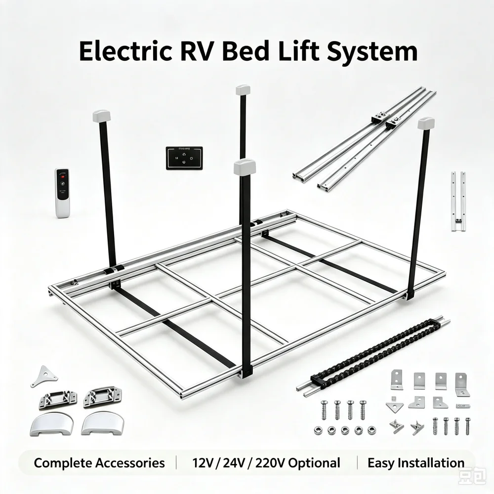 Electric RV Bed Lift System, 12V 24V 220V Motorized Aluminum for Camper Caravan, Space Saving Adjustable Ceiling Bed Lift for RV