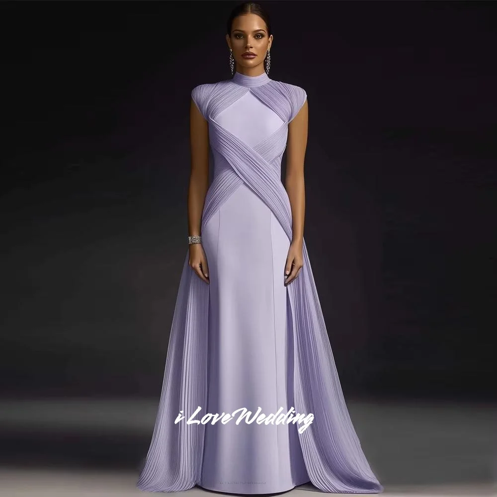 

Фиолетовые платья для выпускного вечера с высоким воротником и короткими рукавами, плиссированные вечерние платья длиной до пола по индивидуальному заказу