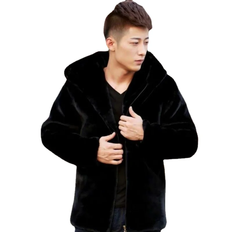 

Autumn Winter Men's Imitation Mink Fur Skin Hooded Zipper Cotton Jacket Fleece Large Size S-5XL Otter Rabbit Hair Coat C22