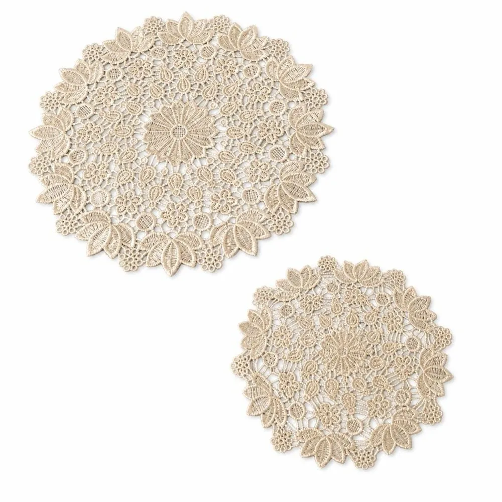 2pcs Retro Embroidered Lace Table Cloth Round Hollow Out Lace Placemat Tea Pad Mat Beige Crochet Lace Doily Wedding Banquet