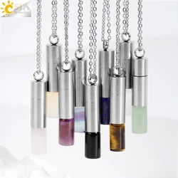 Natural Stone Perfume Bottle Necklace Energy Crystal Tiger Eye Pink Quartz Essential Oil Diffuser Necklaces for Men Women H548