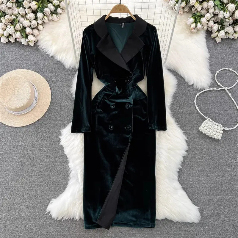 Autumn And Winter Blazer High-End Light Luxury Temperament Long Sleeve Suit Collar Slim A-Line Velvet Trench Coat Dress Z833