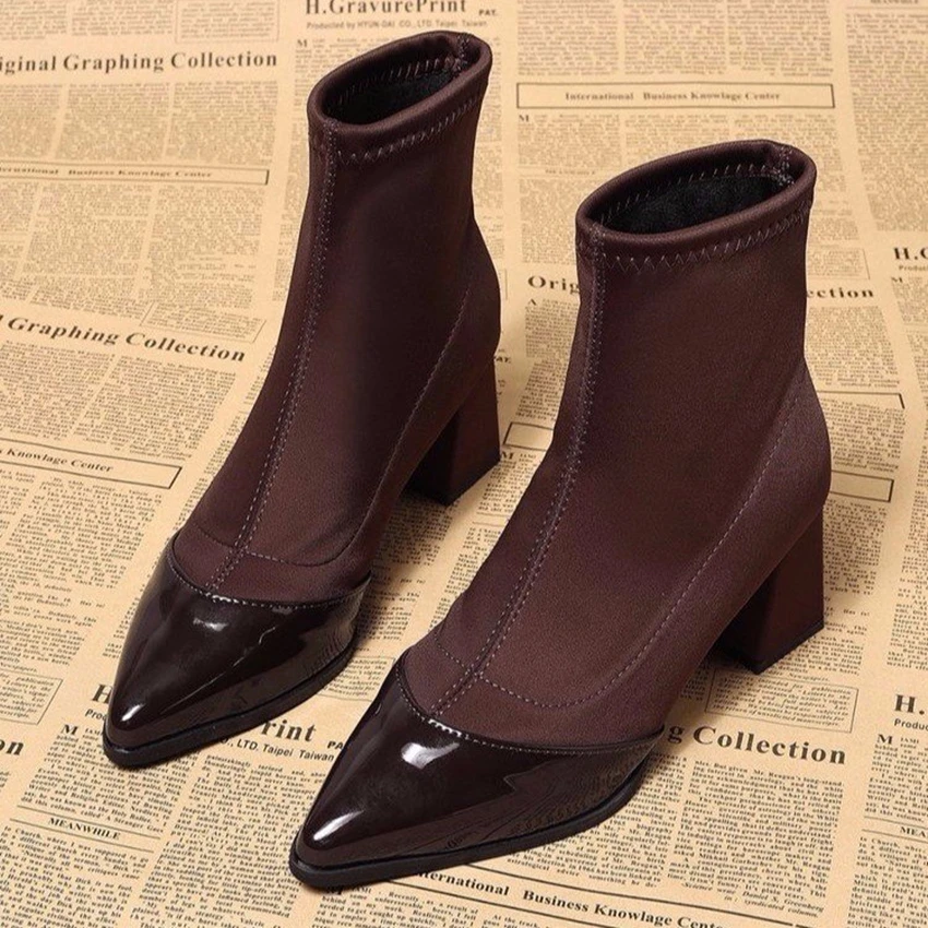 

2026 Ankle Boots for Women Spring Autumn PU Leather Fashion Square Heels Zip Black Boots Ladies Boot Women Outdoor Casual New