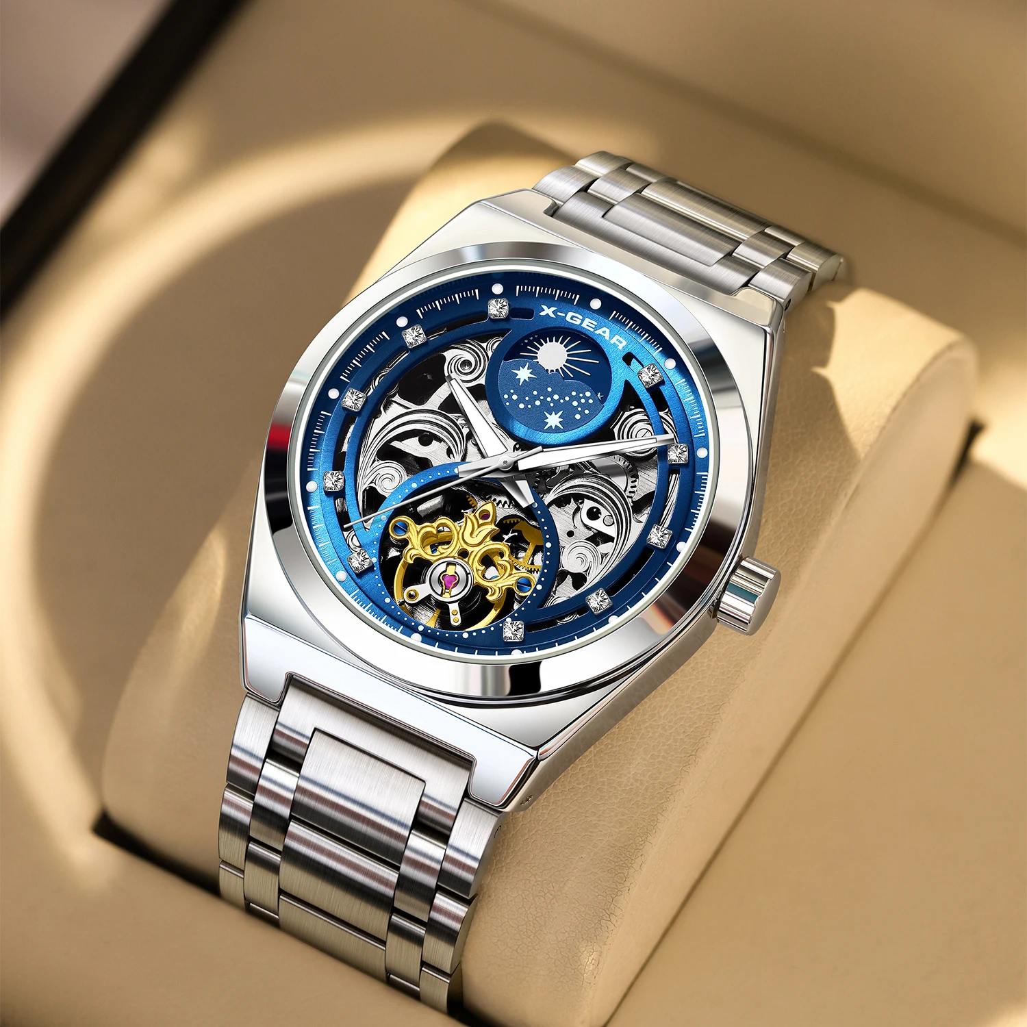 メンズ機械式ムーブメント腕時計、ステンレススチールストラップ、夜光、防水、カジュアル＆ビジネス腕時計