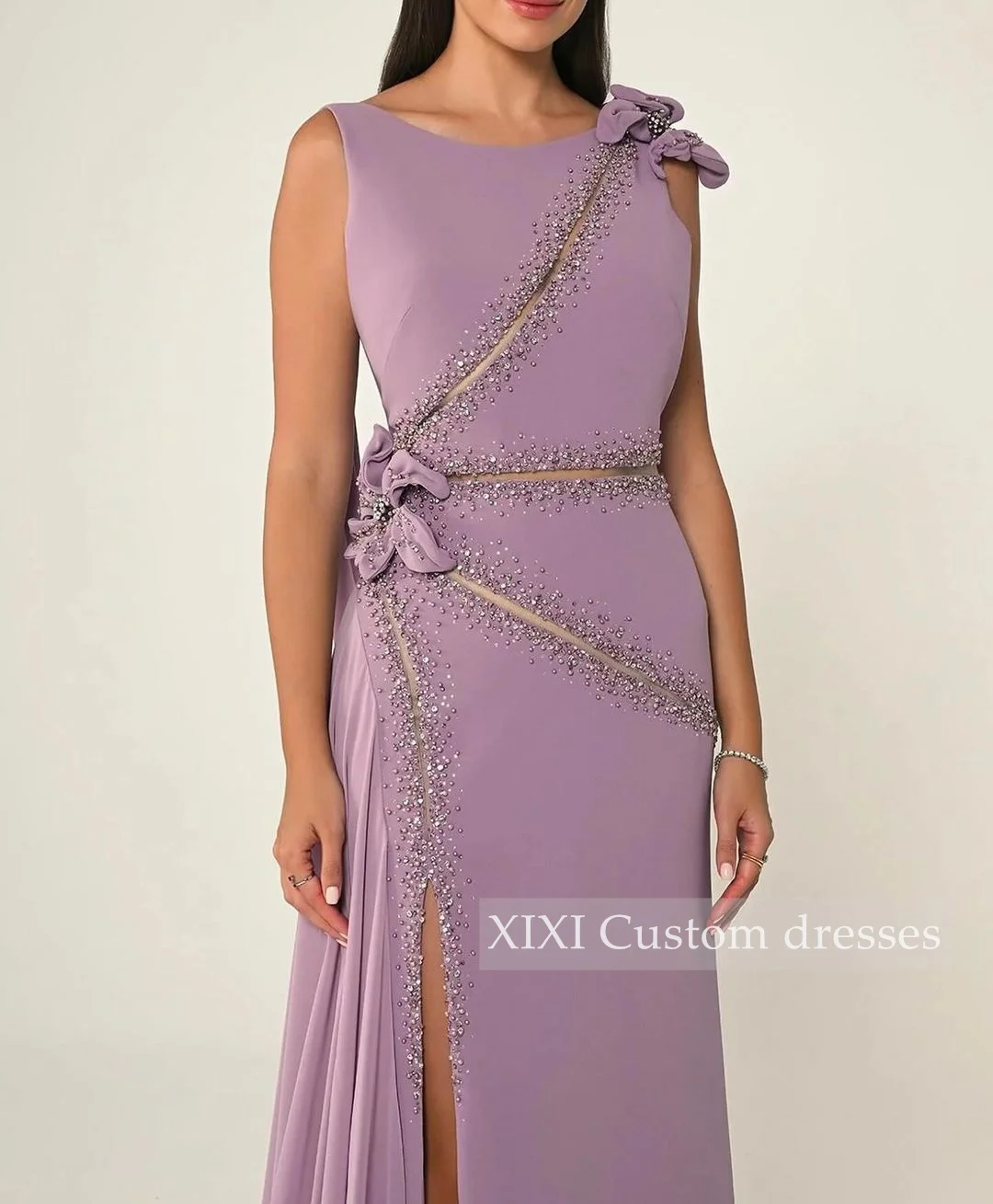 فستان سهرة XIXI مغرفة بياقة مطرزة بالخرز بطول أرضي مكشكشة بسحاب فساتين بلا أكمام لحفلة موسيقية Vestidos De Festa #4