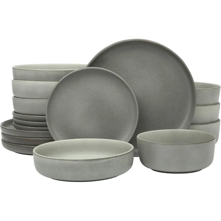 

Pasco 16 Piece Service for 4 Plates and Bowls Double Bowl Reactive Glaze Dishes Stoneware Ceramic Dinnerware Set Grey