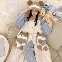 Autumn Winter Kawaii Cartoon Loungewear Women Thicken Warm Coral Velvet Long Nightgown Bath Robe Cute Loose Pajama Sets Homewear