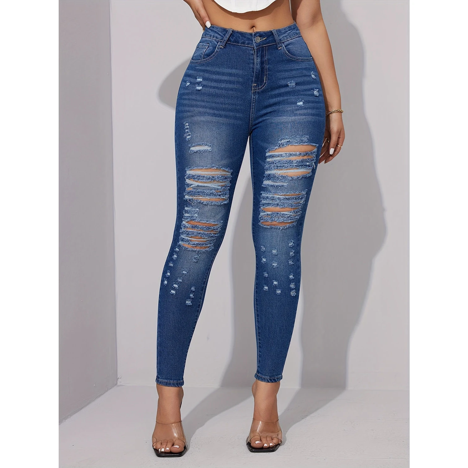 

Fashionable Skinny Jeans Women's Elastic Denim Pants High Waist Zipper Casual Cotton Stretchy Hole Punching Slimming Leggings