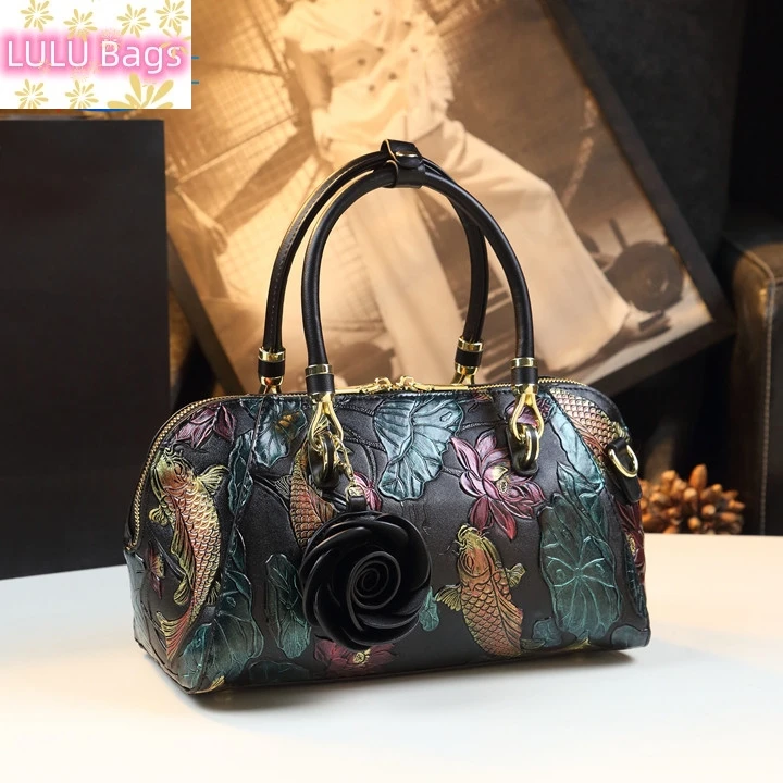 

Retro Genuine Leather Women's Handbags Shoulder Crossbody Bag Embossed Flowers Large Capacity Mom Portable Pillow Bags 2023 New