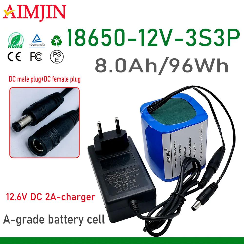 

12V 3S3P with BMS battery pack 18650 lithium-ion 12V 8000mAh ultra large capacity rechargeable battery+12.6V DC 2A charger