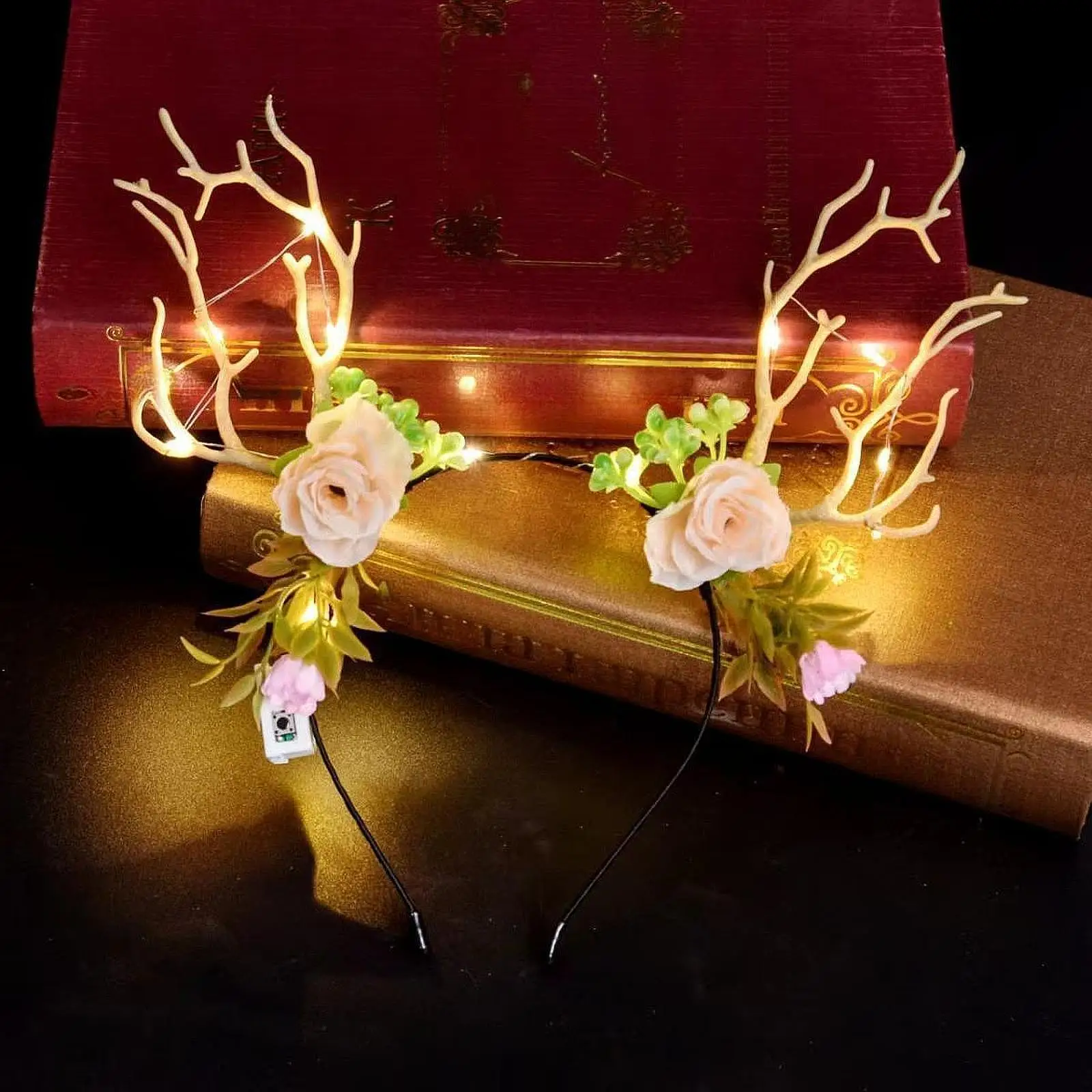 Light up Deer Antlers Flowers Headband for Roles Play Carnivals Themed Party