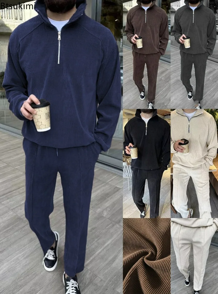 New Men's Corduroy Two Piece Sets Fashion Casual Long Sleeve Sweatshirts and Pants Trend Streetwear Spring Autumn Men Tracksuits