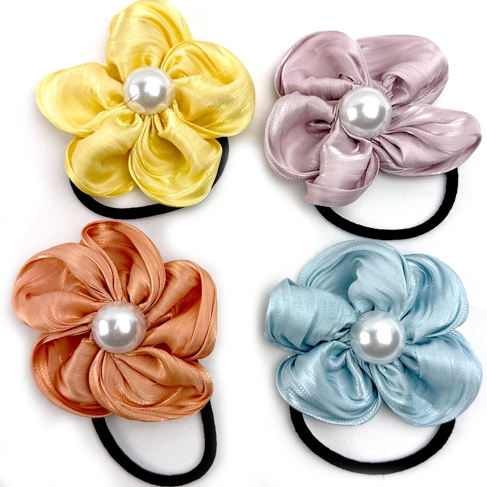 Girls Silk Floral Rubber Band Satin Pearl Flower Hairband Hair Circle for Children Hair Tie Kids Ponytail Holder Baby Scrunchie