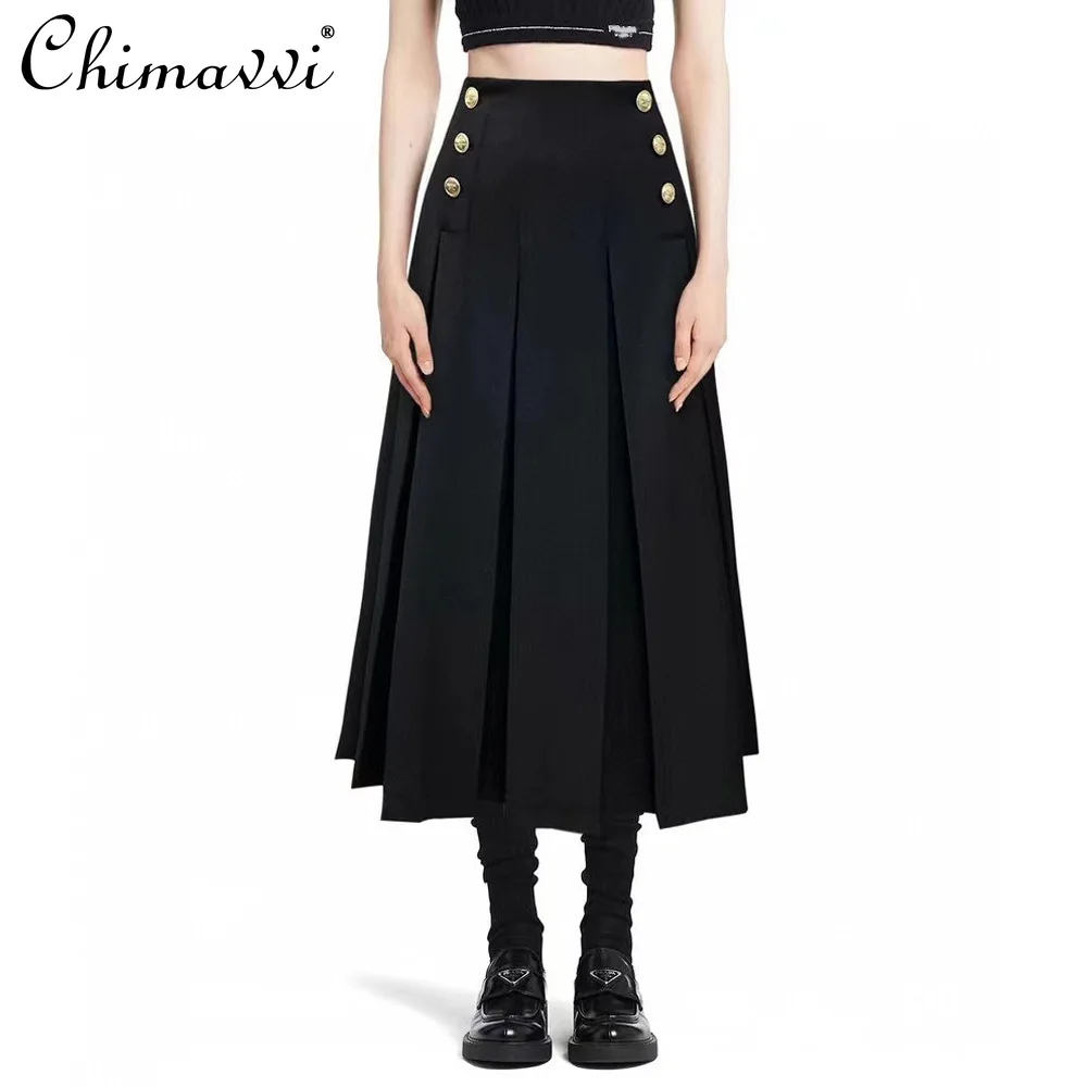 

French Elegant Fashion Socialite Simple Versatile Long Skirts High Waist A-line Temperament Commuter Black Pleated Skirt Women