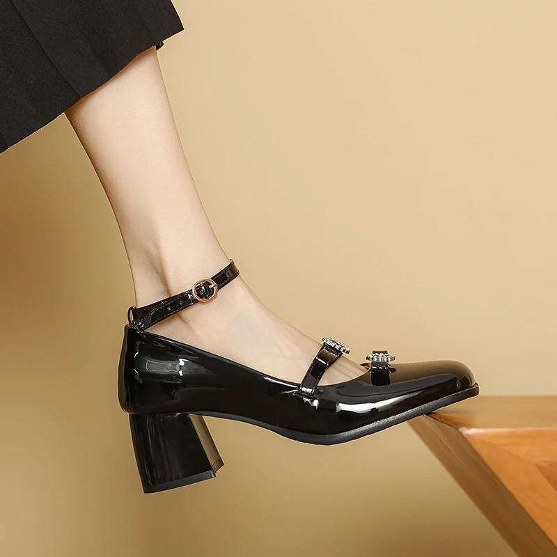 Black Silver Mary Jane Shoes Women Thick High Heels Ankle Strap Buckle Lolita Shoes School Uniform Student Girls Pumps 2024 New