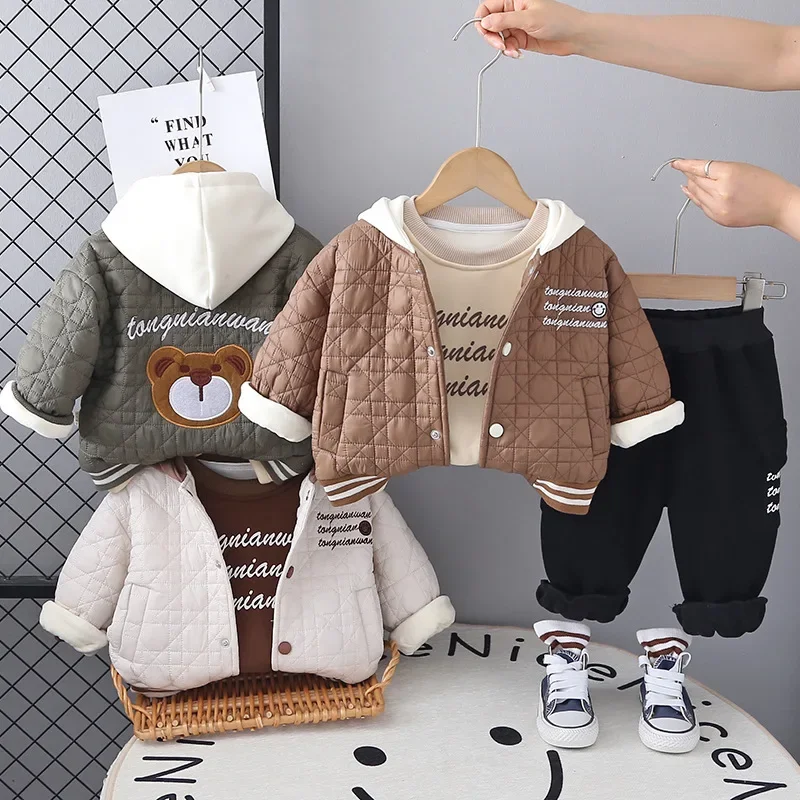 2025 Winter Kids Boys 3-Piece Set Warm Fleece-Lined Hooded Jacket & Sweatshirts & Pants Toddler Casual Outfit