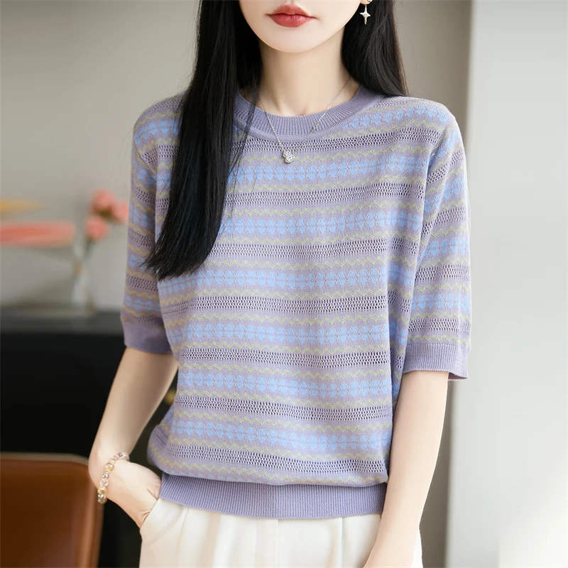 

Женская футболка летняя из 100% лиоцелла, с цветными блоками, с коротким рукавом, вязаная, повседневная, с круглым вырезом, свободного кроя, модный женский пуловер