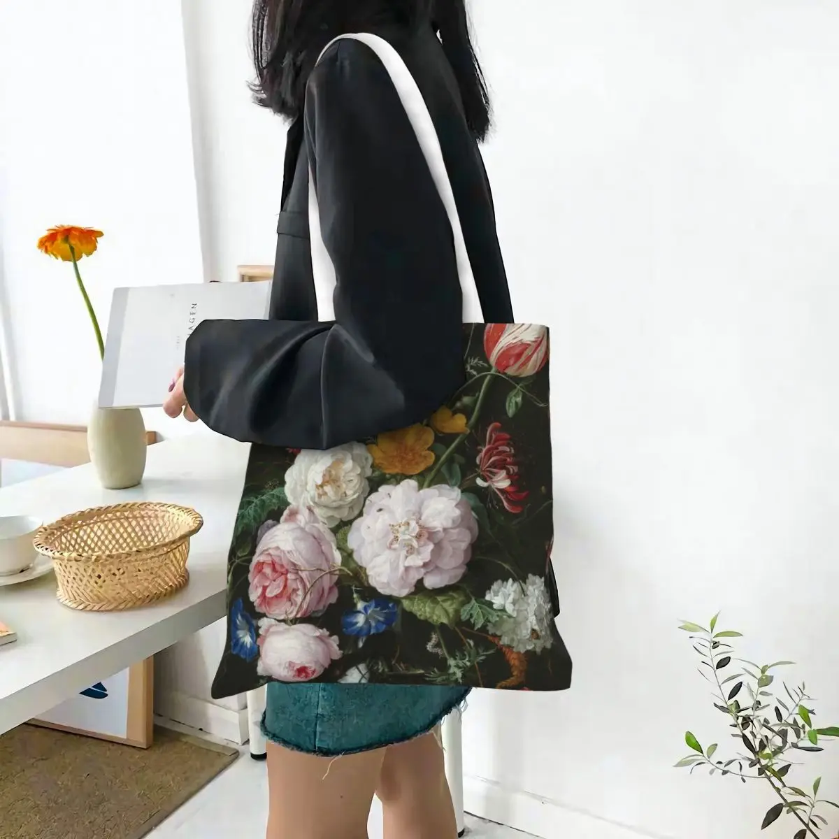 Jan Davidsz Life With Flowers Rose Tote Bags Women Handbag Foldable Student Shoulder Bag Printed Shopping Bag