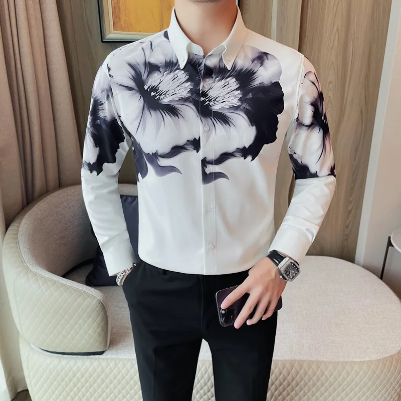 2024 Autumn Floral Printed Shirt for Men Long Sleeve Slim Fit Casual Business Shirts Social Party Tuxedo Blouse Men Clothing