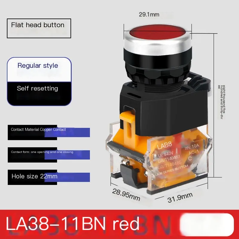 Push Button Switch Push-Type Self-Resetting La38-11Bn Power Supply Flat Head Start Stop Round Inching Start Stop Self-Resetting Inching Push-Type 22mm