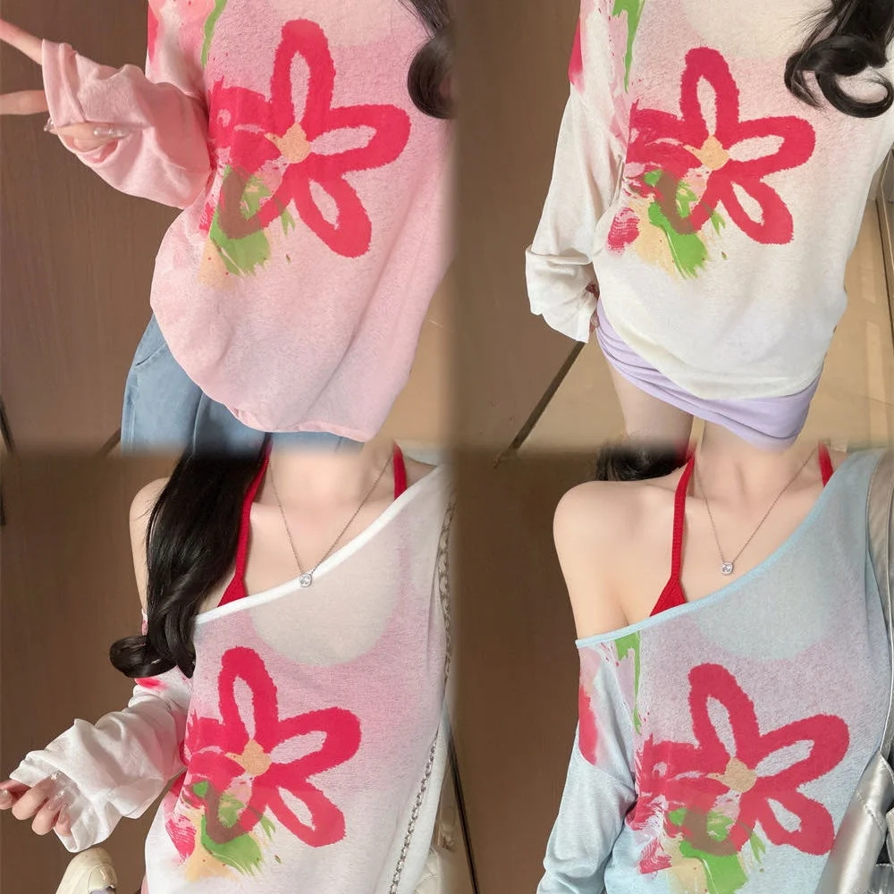 Floral Print Off-Shoulder Long Sleeve T-Shirt Women's Summer Loose Thin Sun Protection Shirt Cover up Two-Piece Set Thai Style