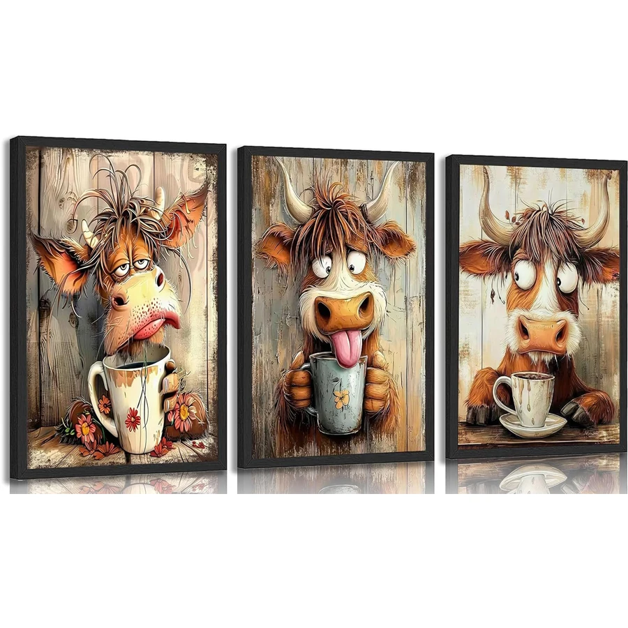 3pcs Funny Cow diamond embroidery Humor Dreaming Cow Drinking Coffee Posters diamond Paintings Playful Country Farmhouse Animals